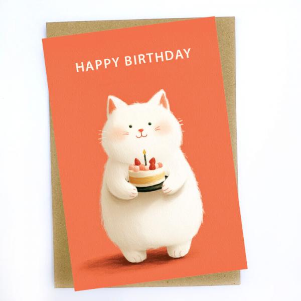 Happy birthday, Открытка котик с тортиком 10х15 см