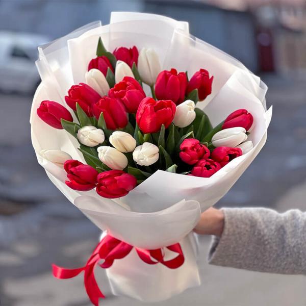 Букет из 25 тюльпанов (микс красных и белых)