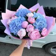 Букет из пионов и голубой гортензии