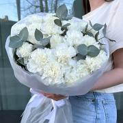 Букет 25 белых гвоздик с эвкалиптом