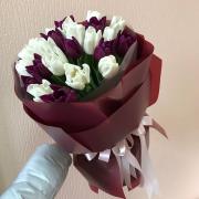 Букет из 25 фиолетовых и белых тюльпанов