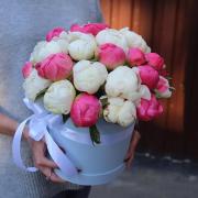 35 белых и коралловых пионов в коробке